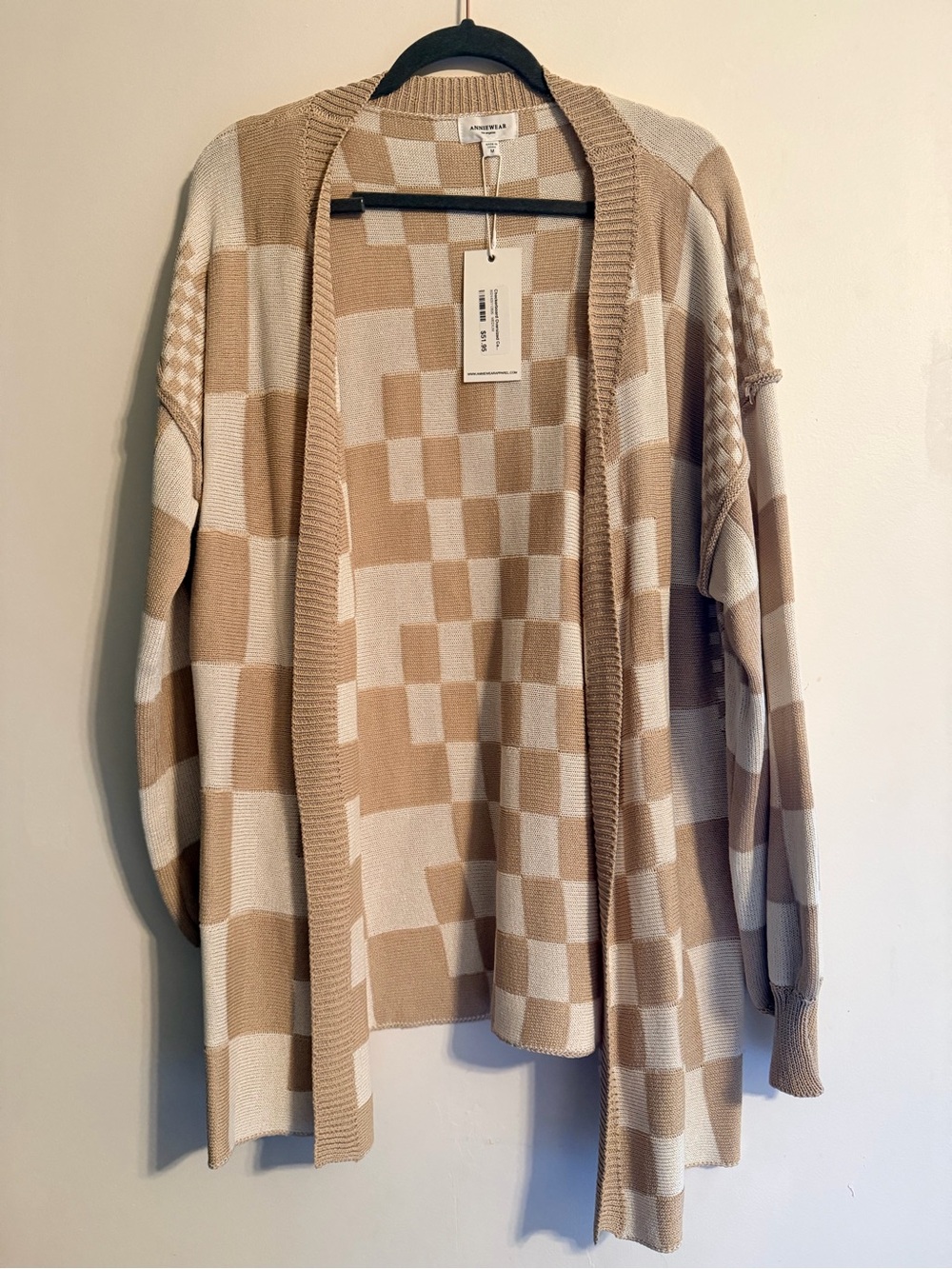 Annie Wear Open-Front Checker Knit Cardigan - Beige/Cream